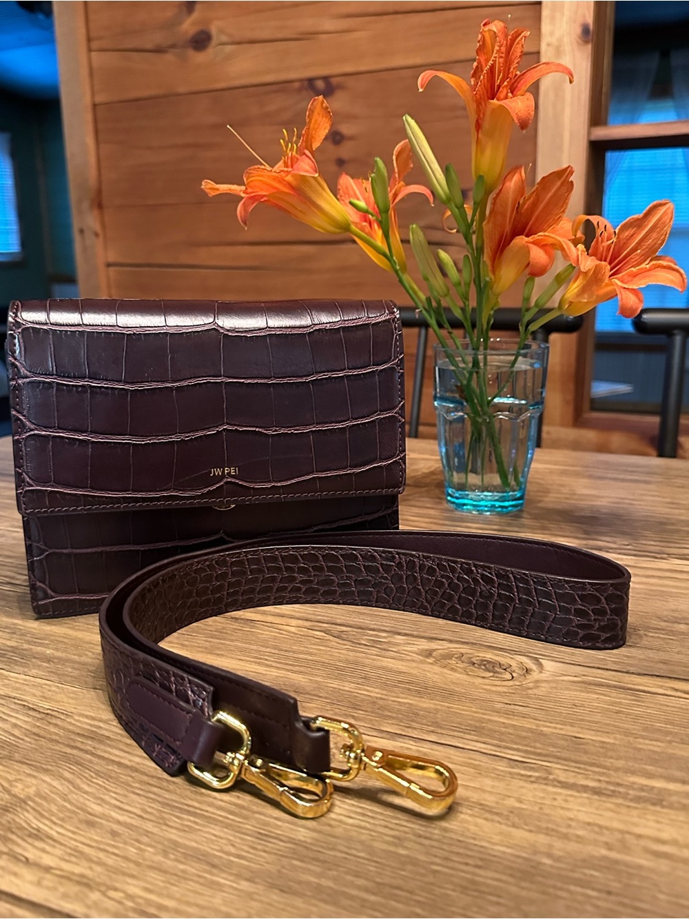 JW PEI Croc-Embossed Dark Brown Crossbody Bag with Gold Hardware